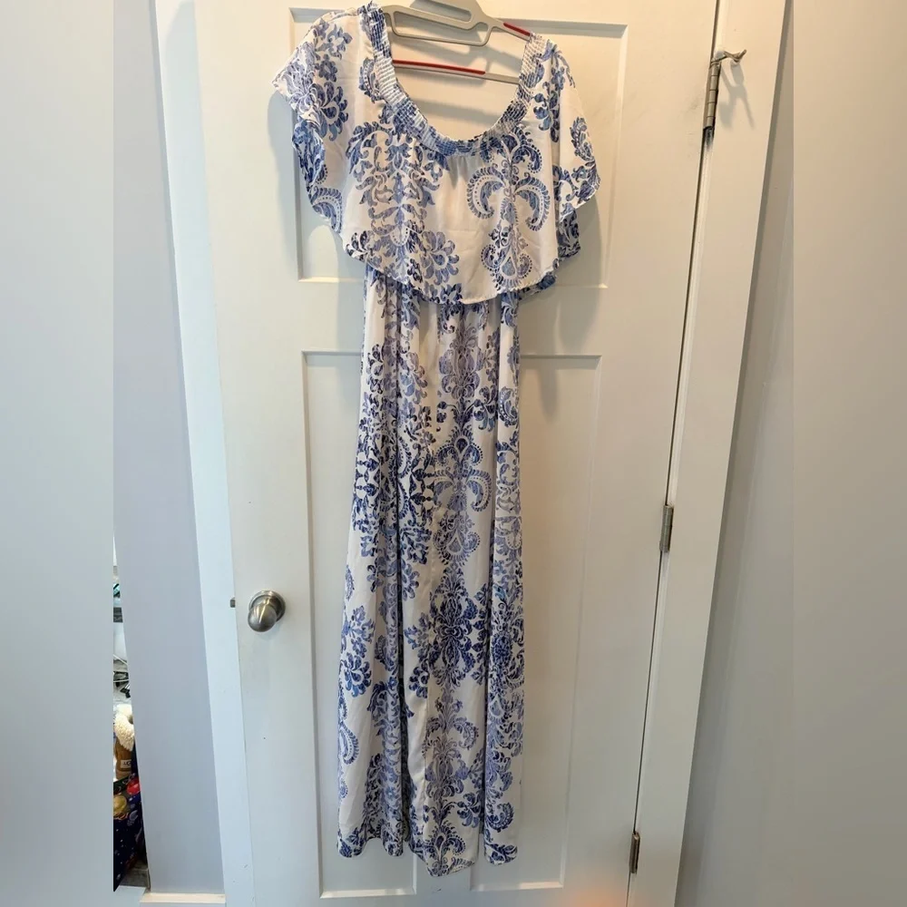 Show Me Your Mumu Blue White Damask Maxi Dress Off Shoulder XS